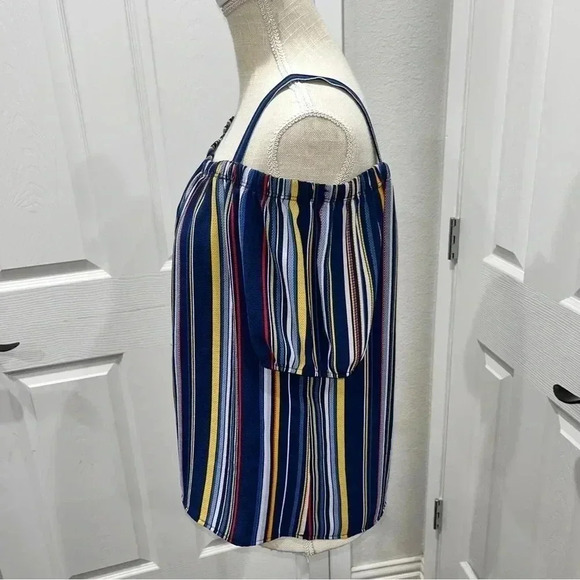 Chocolate Off shoulder thin strap button front blouse with puff sleeves ,striped - Picture 2 of 6